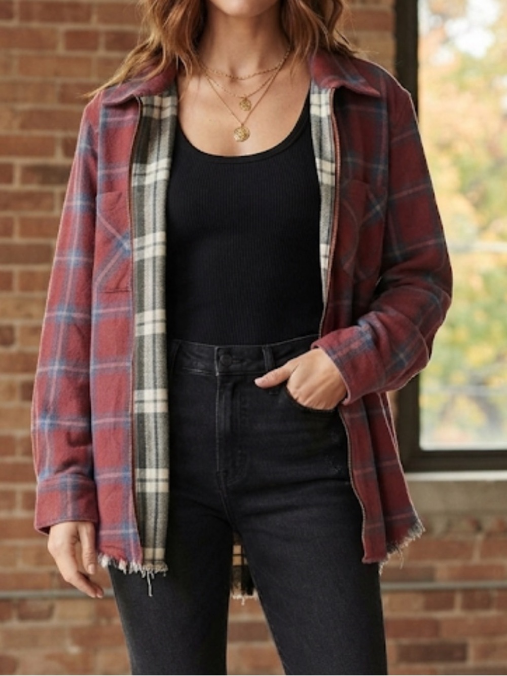 PAPER CRANE Red Plaid Shacket Full Zip Raw Hem Shirt Jacket Medium